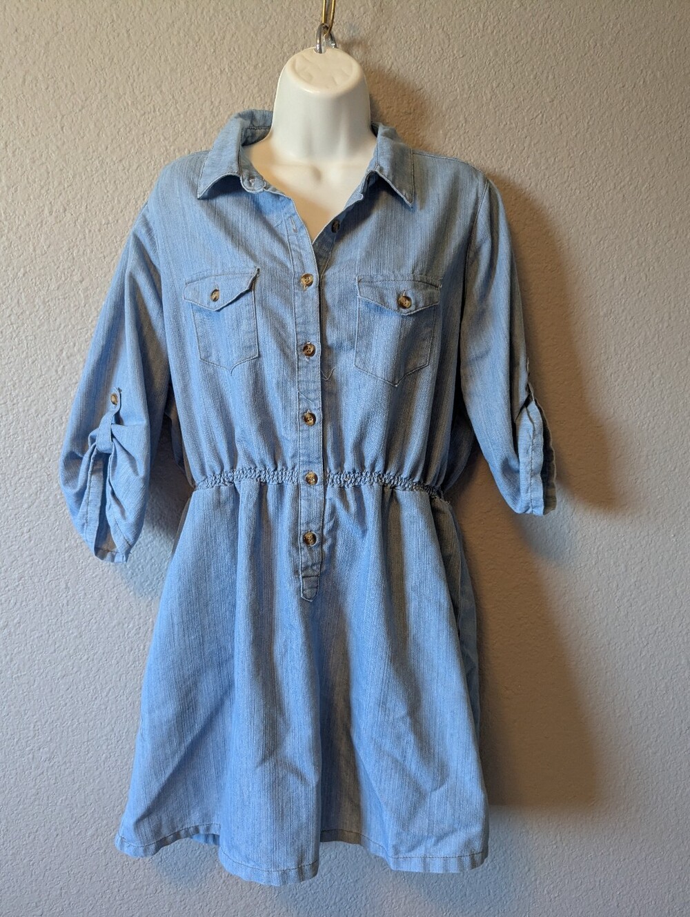 Light Blue Denim Shirt Dress with Elastic Waist